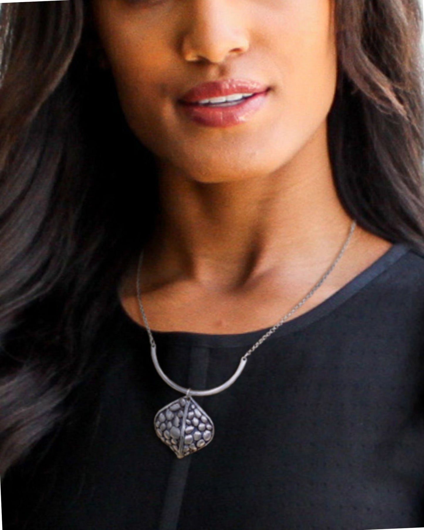 Sade Boho Silver Necklace w/Domed Pendant