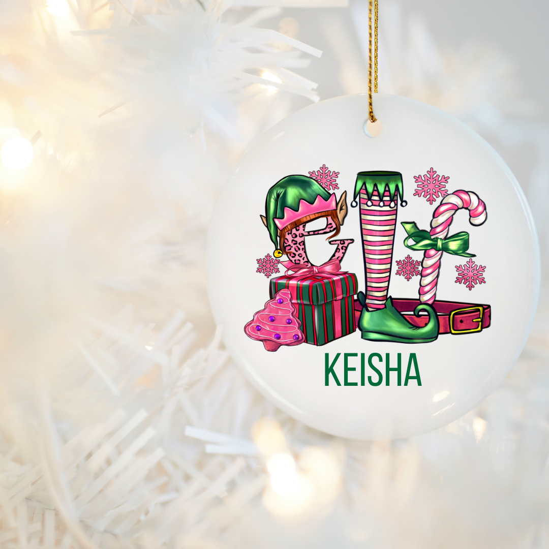 Pink and Green Elf Personalized Christmas Ornament