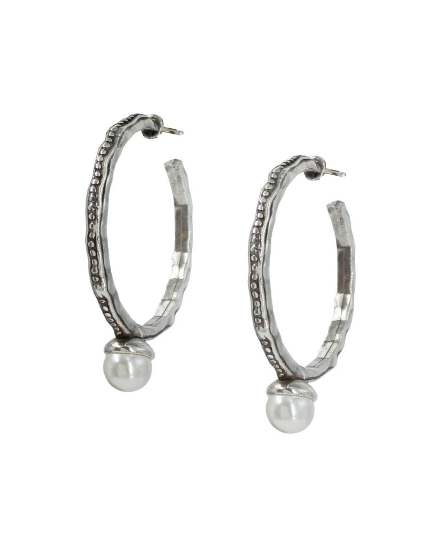 Textured Silver Statement Hoop Earrings w/Pearl Accent