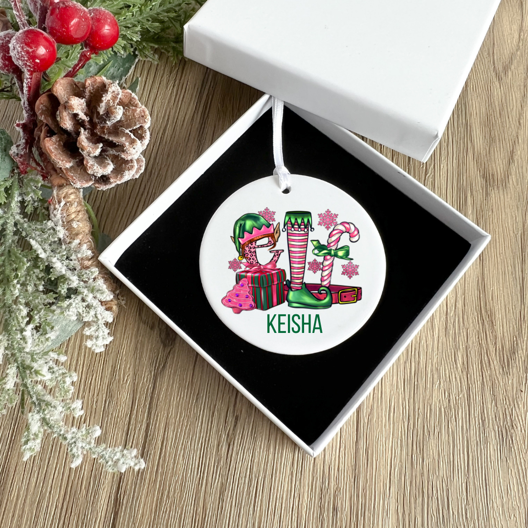 Pink and Green Elf Personalized Christmas Ornament