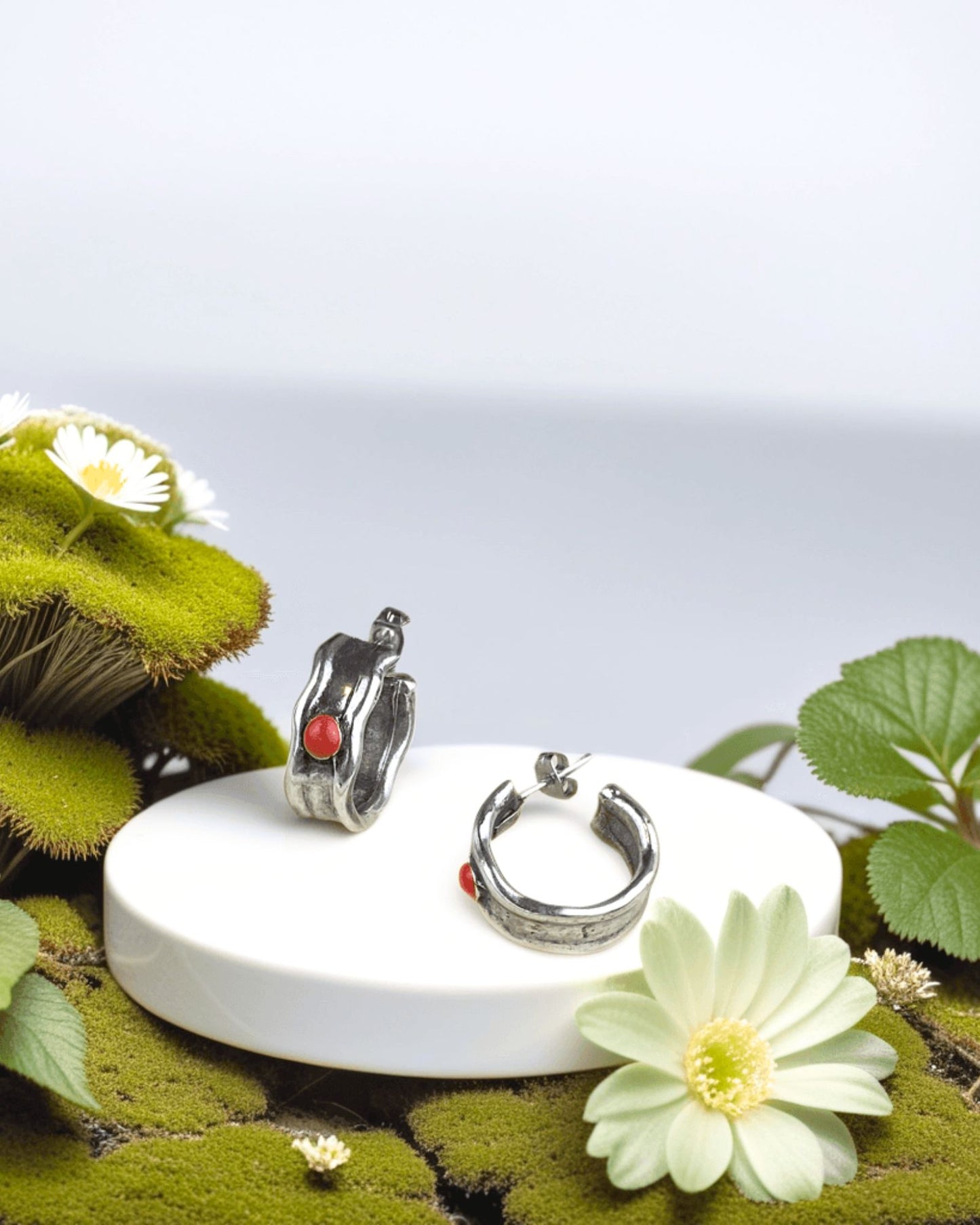 Chunky Silver Hoop Earrings w/ Enamel Accent