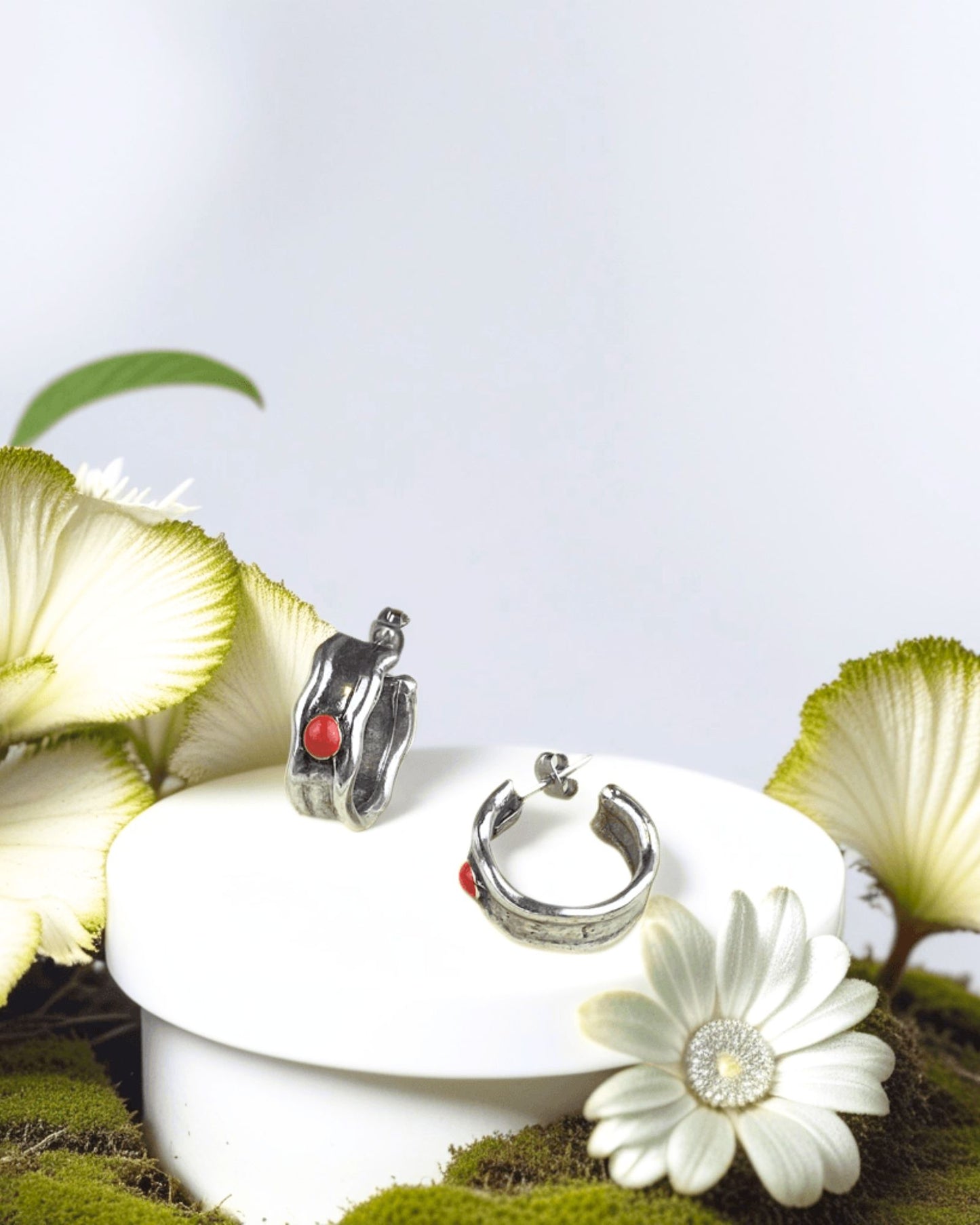 Chunky Silver Hoop Earrings w/ Enamel Accent