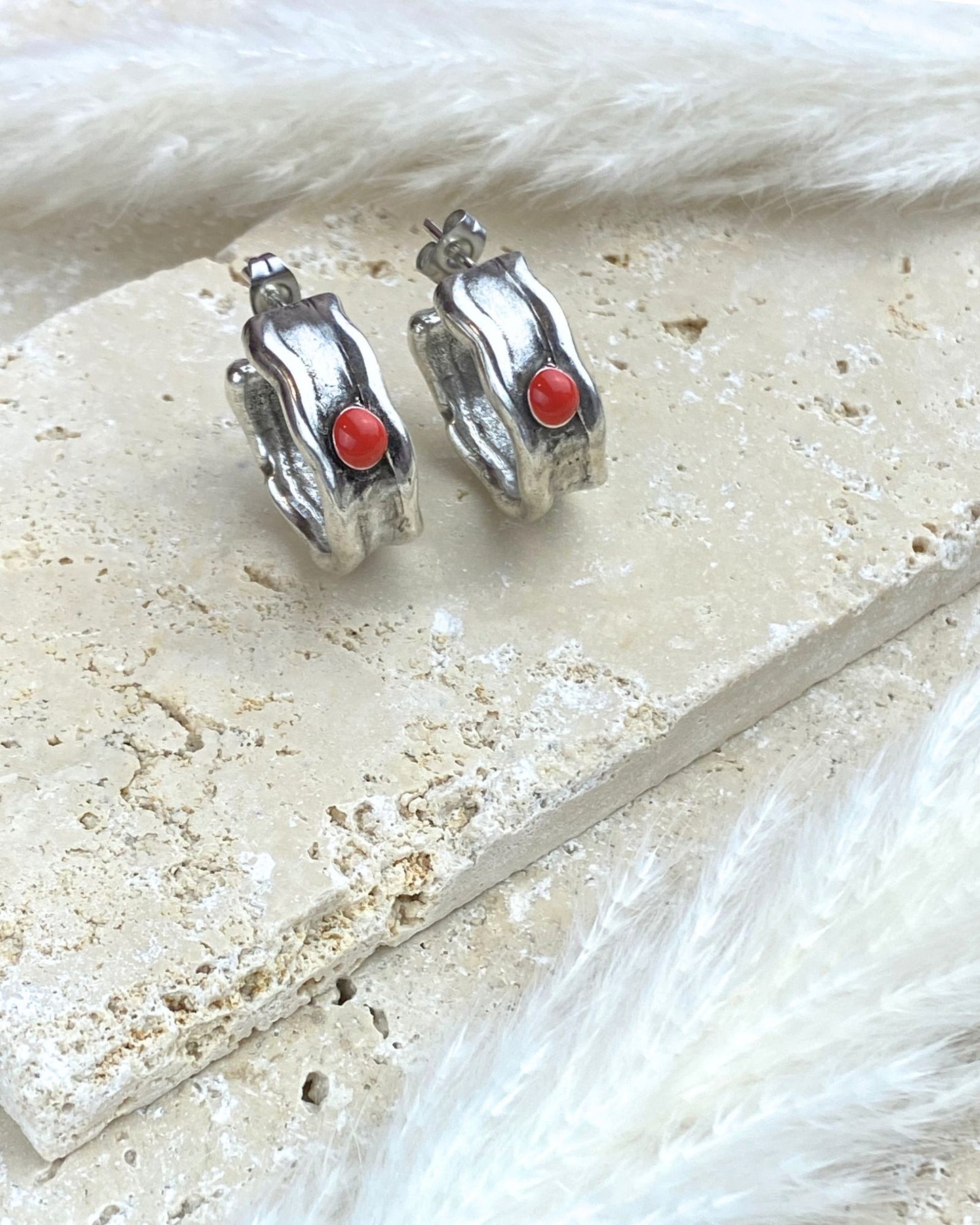 Chunky Silver Hoop Earrings w/ Enamel Accent