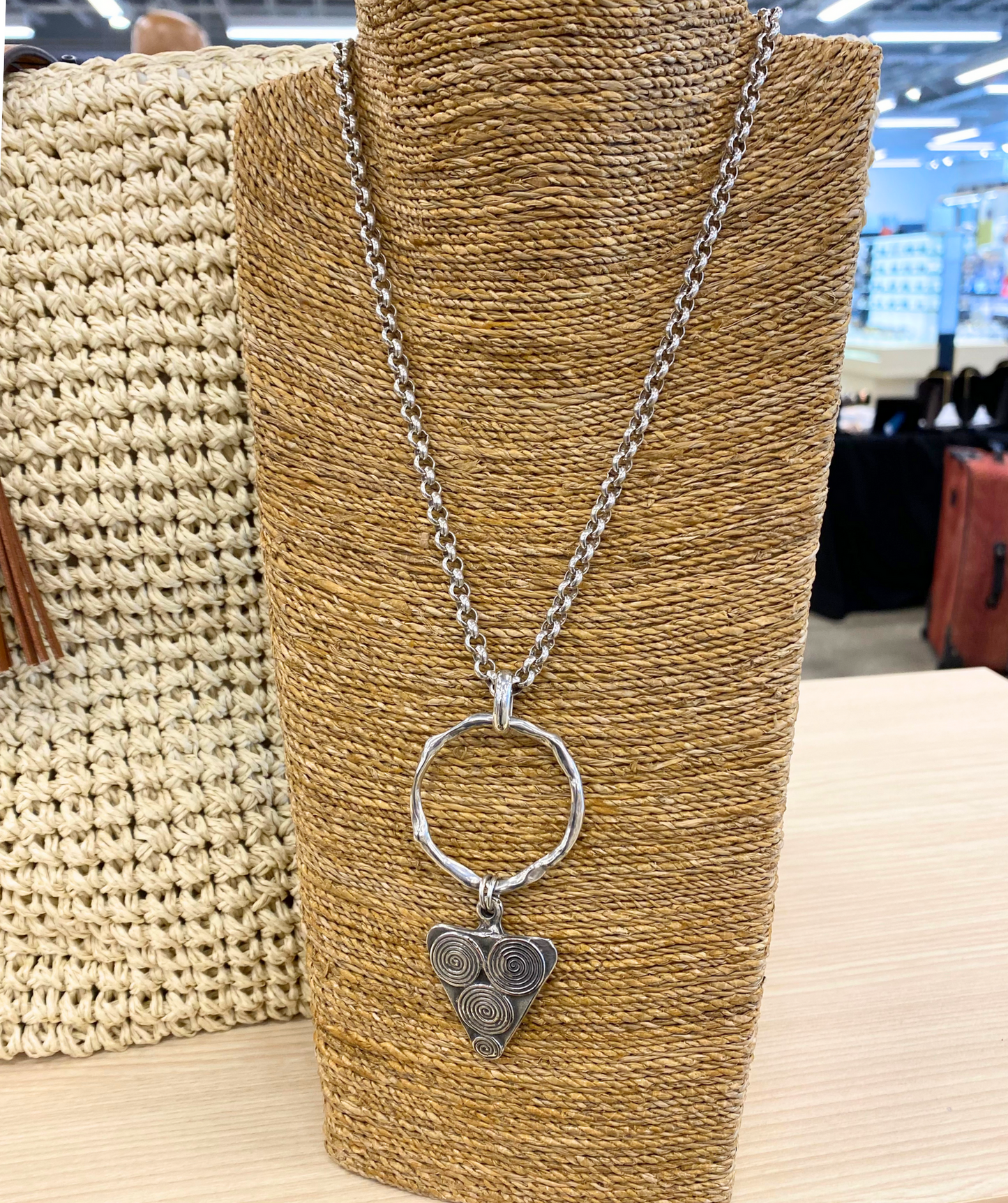 Boho Silver Necklace w/Triangle Swirl Pendant