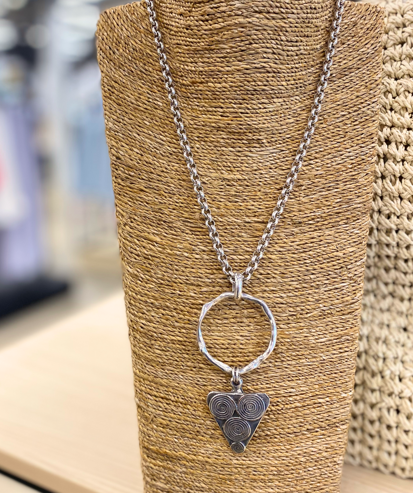 Boho Silver Necklace w/Triangle Swirl Pendant