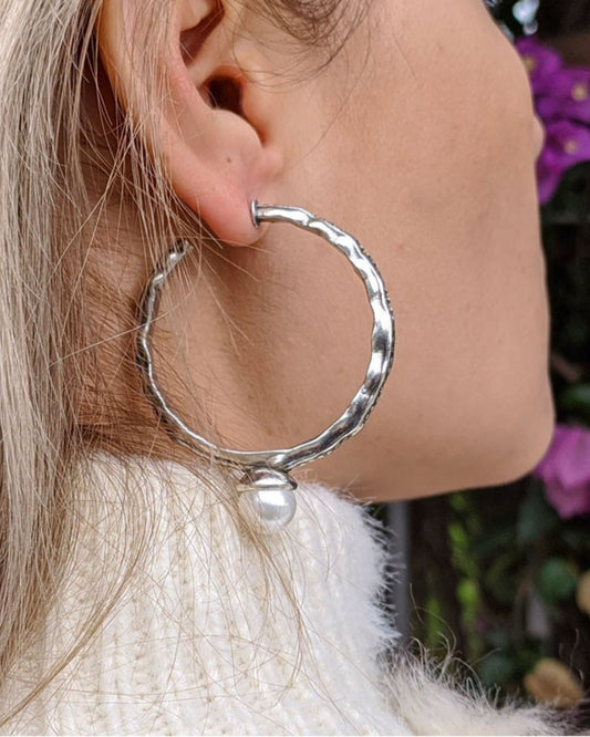 Textured Silver Statement Hoop Earrings  w/Pearl Accent