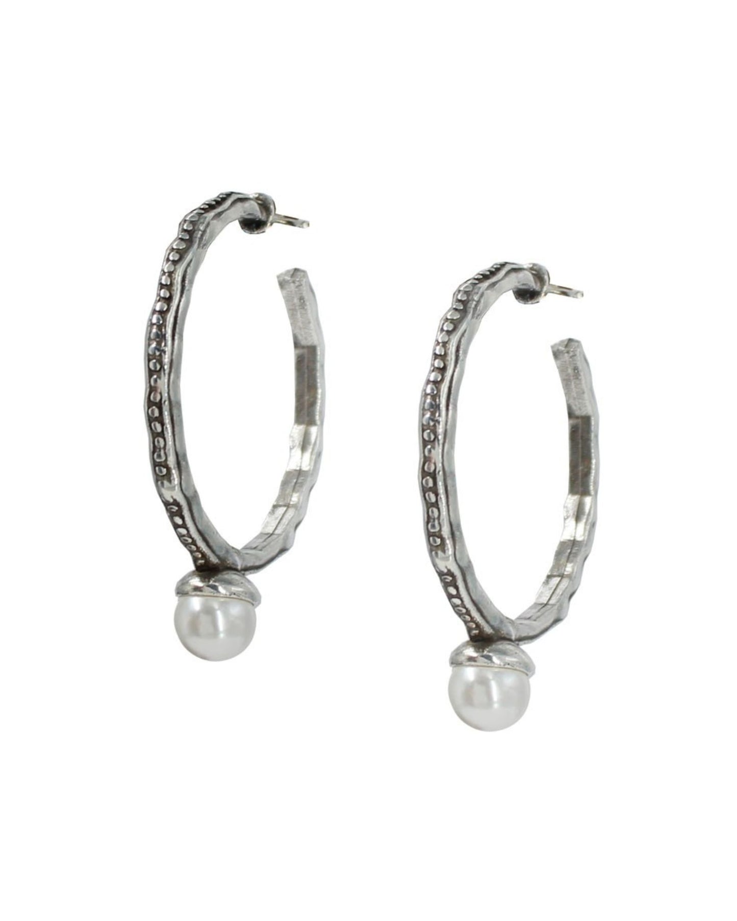 Textured Silver Statement Hoop Earrings  w/Pearl Accent