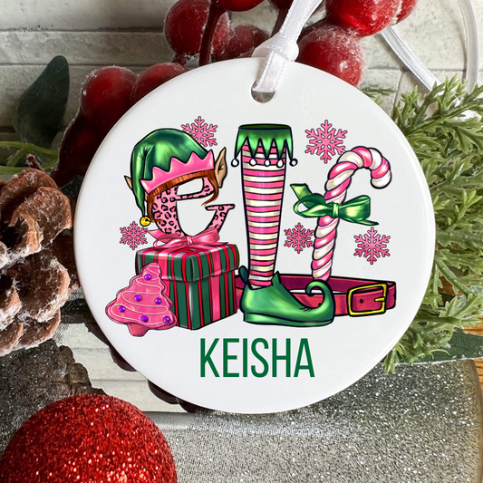Pink and Green Elf Personalized Christmas Ornament