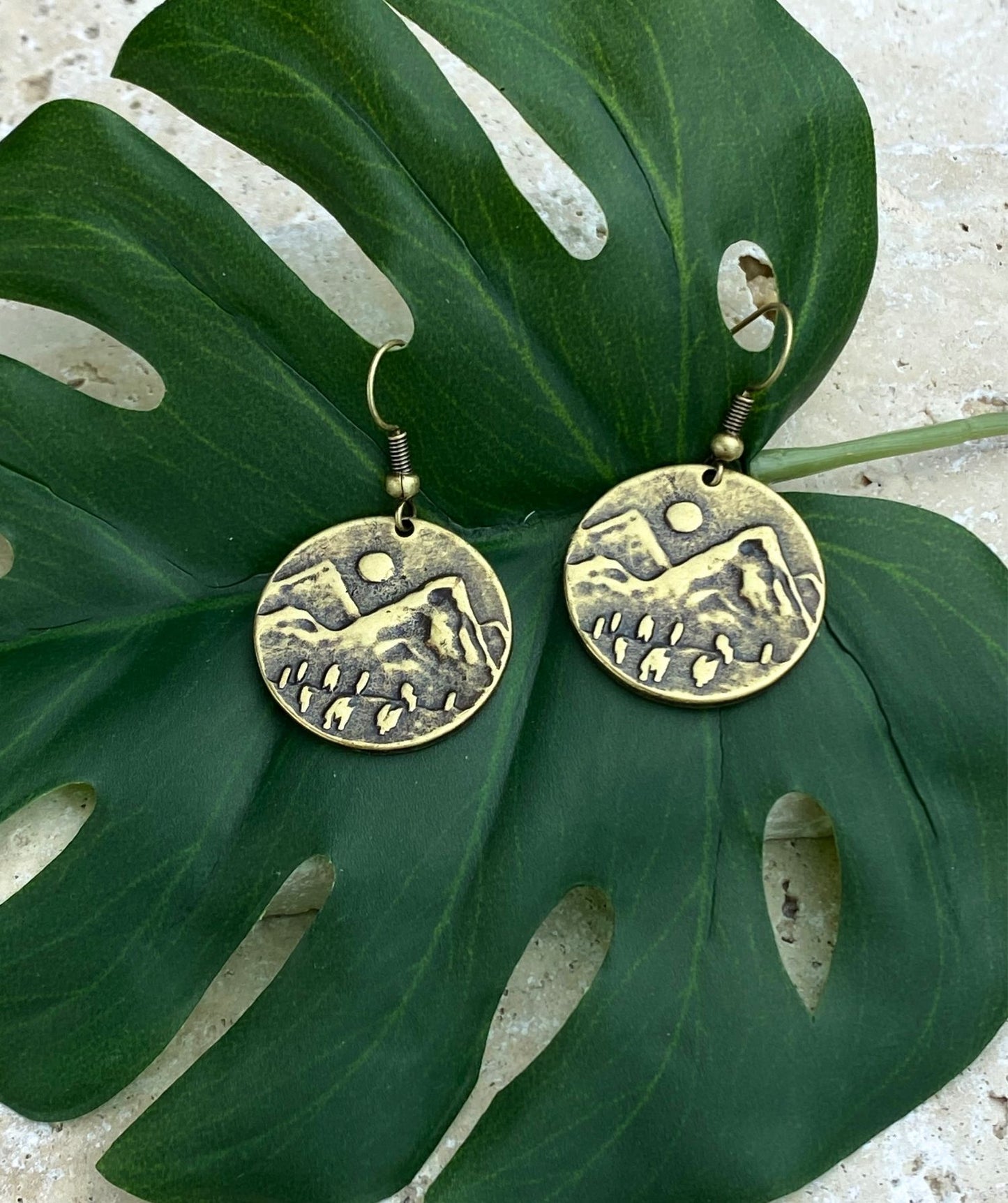 Scenic Embossed Antique Brass Earrings