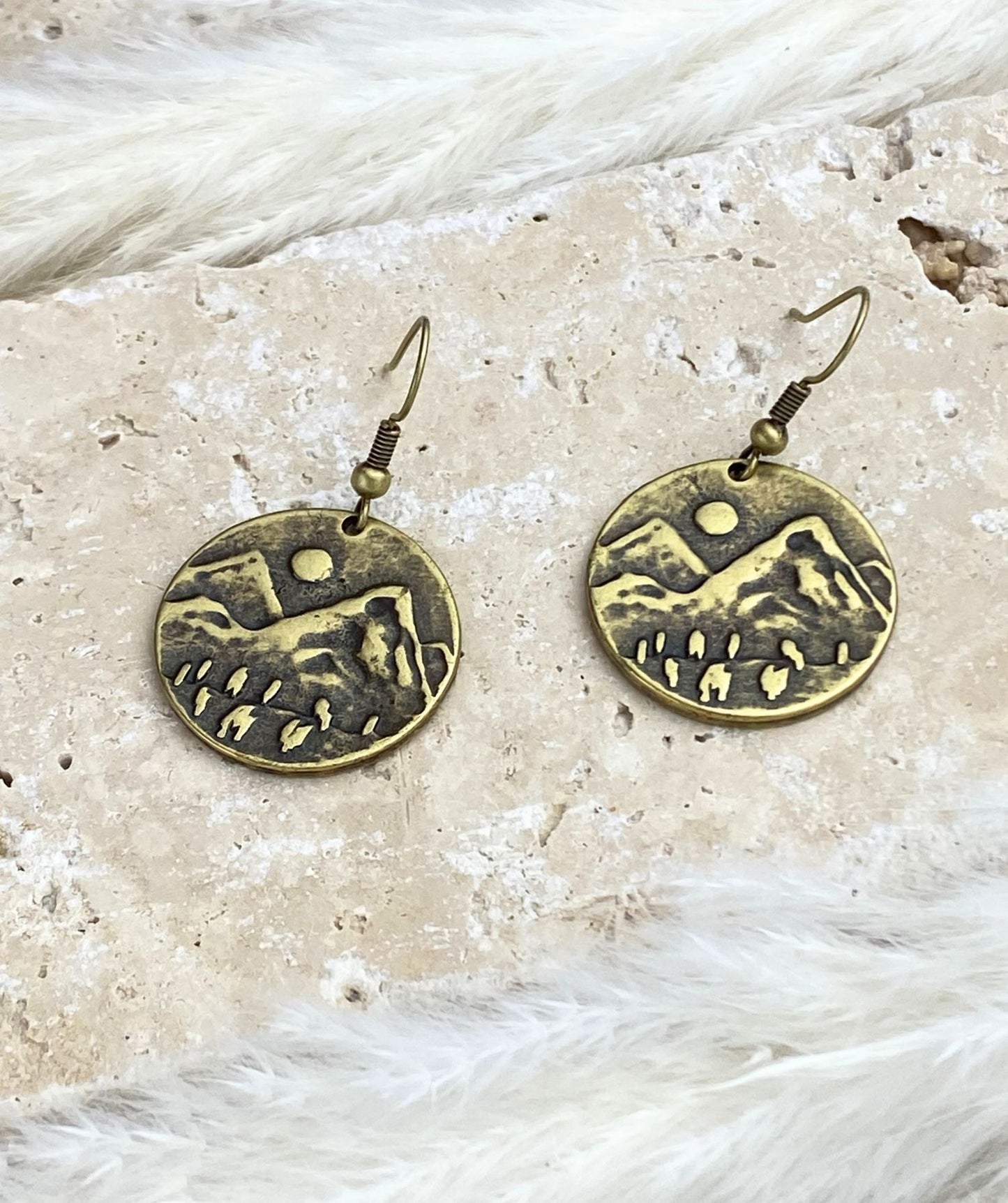 Scenic Embossed Antique Brass Earrings