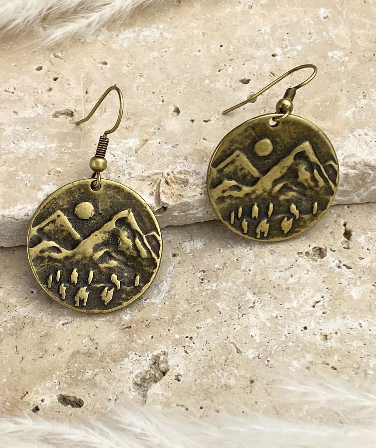 Scenic Embossed Antique Brass Earrings